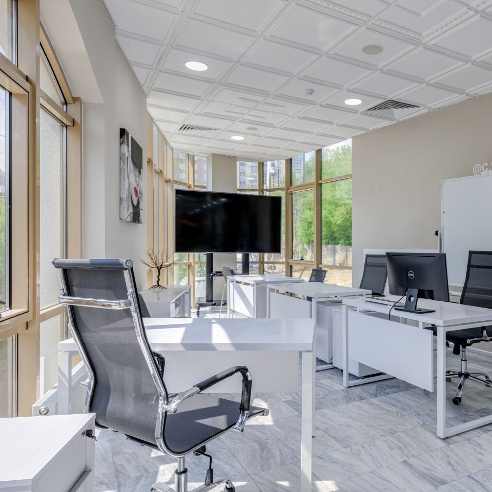 Bright executive office with modern desks, task chairs, large windows, and wall-mounted display