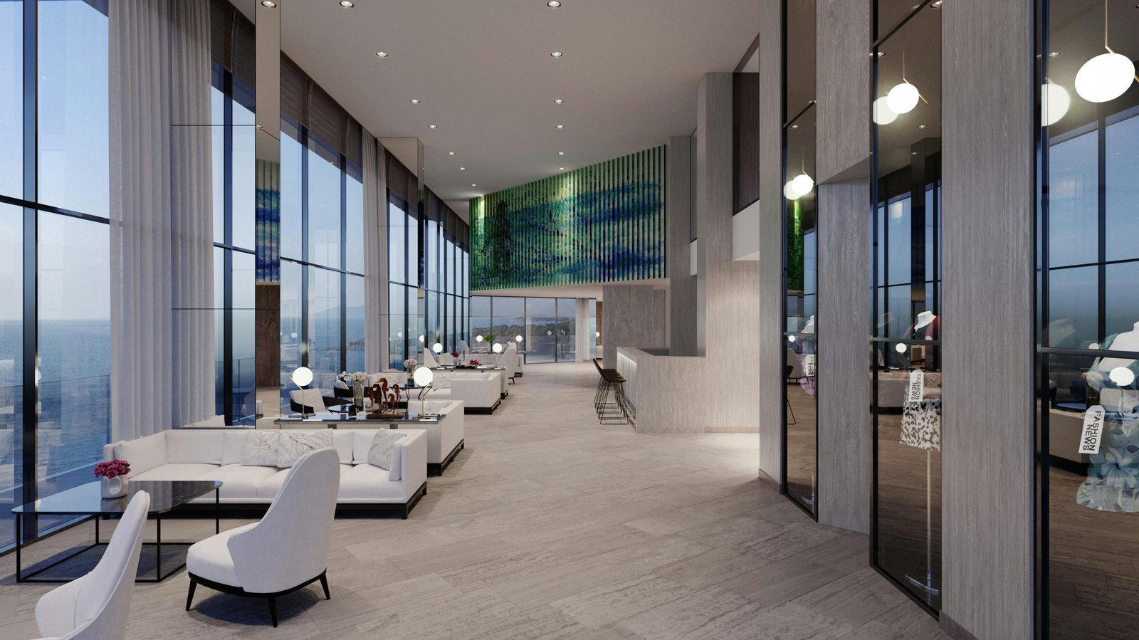 Modern commercial interior with large windows, contemporary seating, and high-end finishes